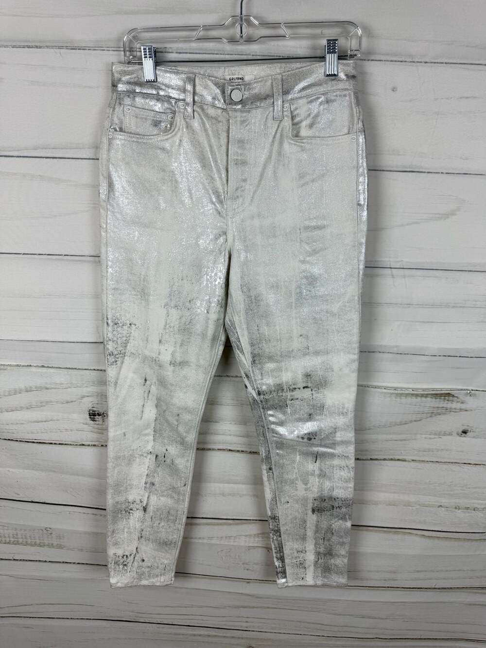 GRLFRND Metallic Silver Foil Coated High Rise Skinny Jeans Size 27